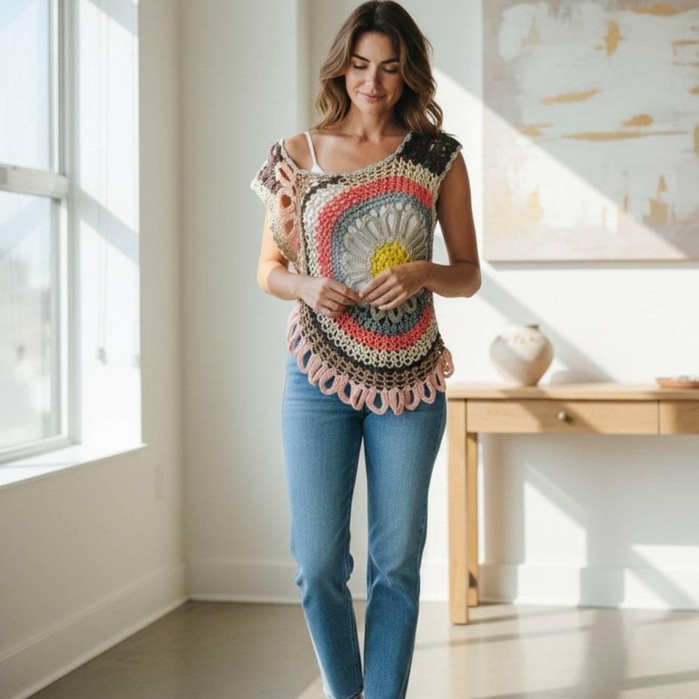 Urban Mango Boho Crochet Multicolor Tank Top Daisy Flower Off Shoulder Size M